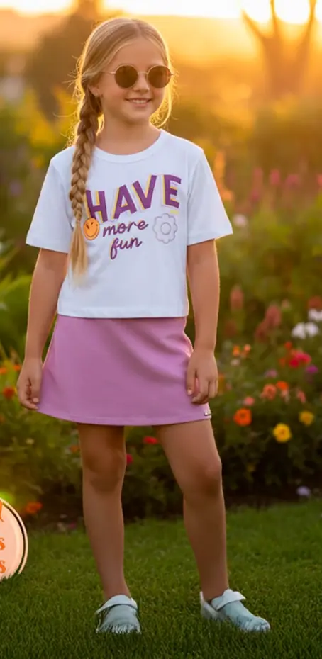 Menina usando look infantil em luz cinematográfica