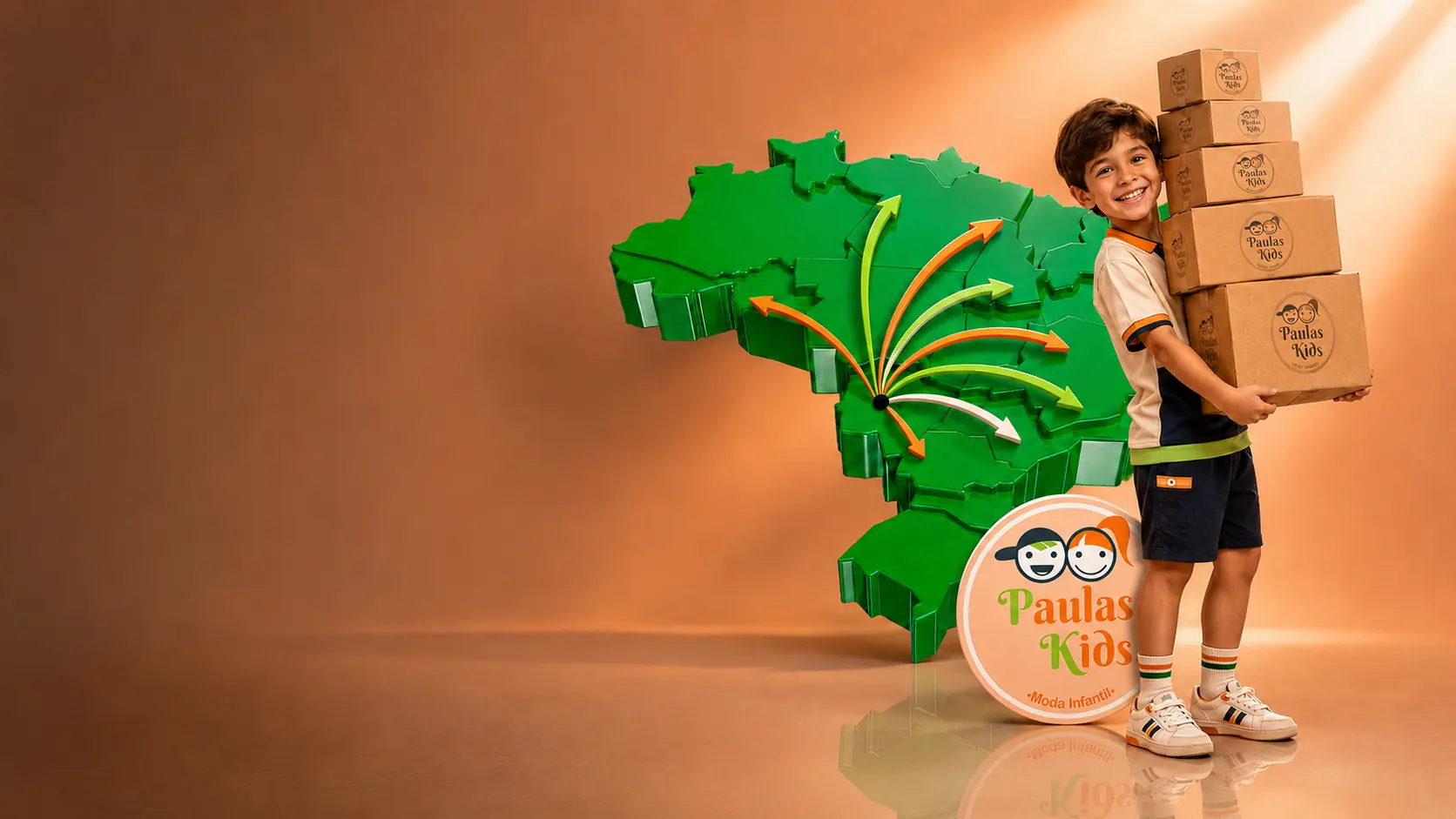 Menino com encomendas Paula's Kids e mapa do Brasil em 3D