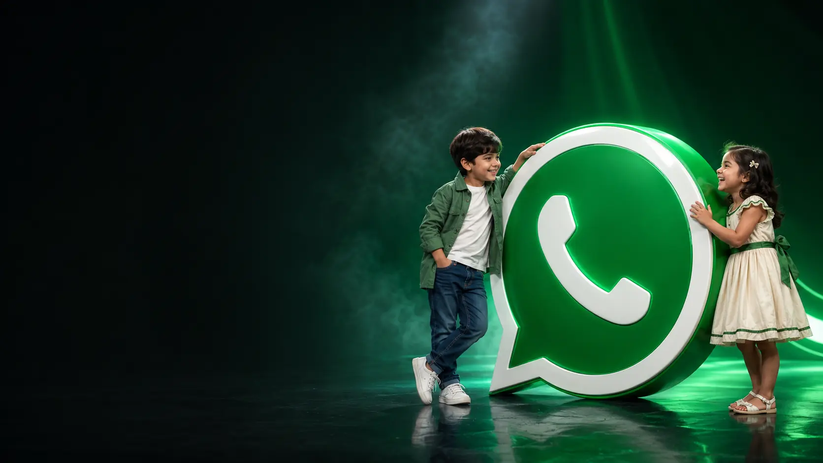 Crianças interagindo com logo do WhatsApp em cenário cinematográfico